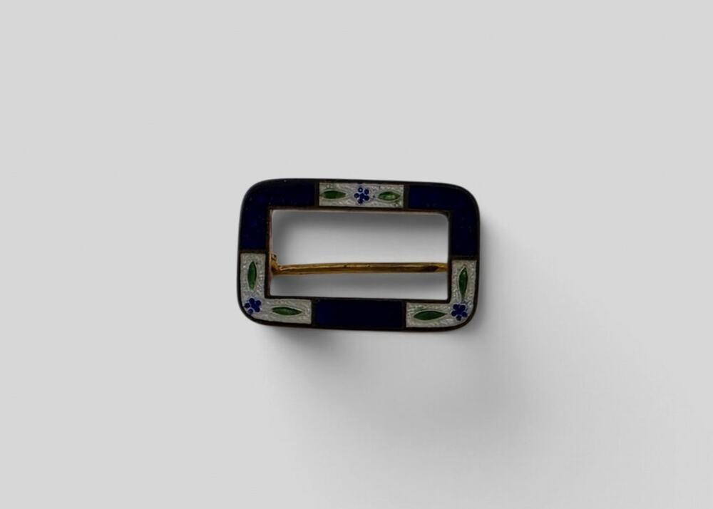 Vintage Enamel Brooch Cobalt Blue Floral Gold Tone Art Deco Style Pin